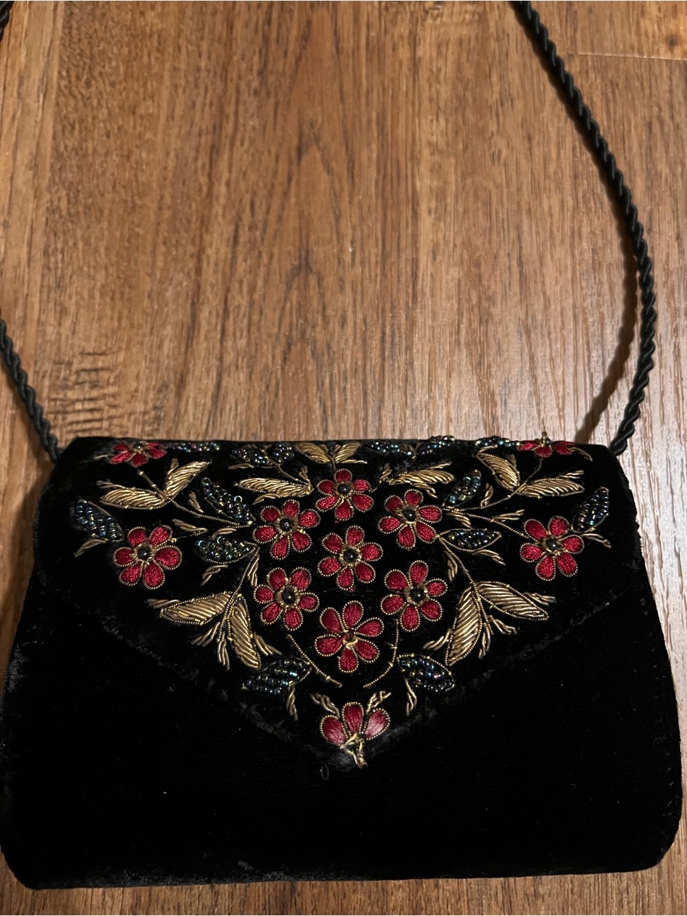 Black Velvet Beaded Floral Evening Bag Goldwork Red Flowers